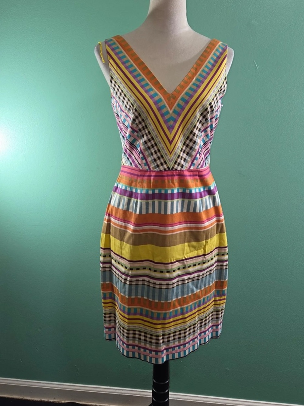 London Times Multicolor Striped V-Neck Midi Dress with Yellow Belt